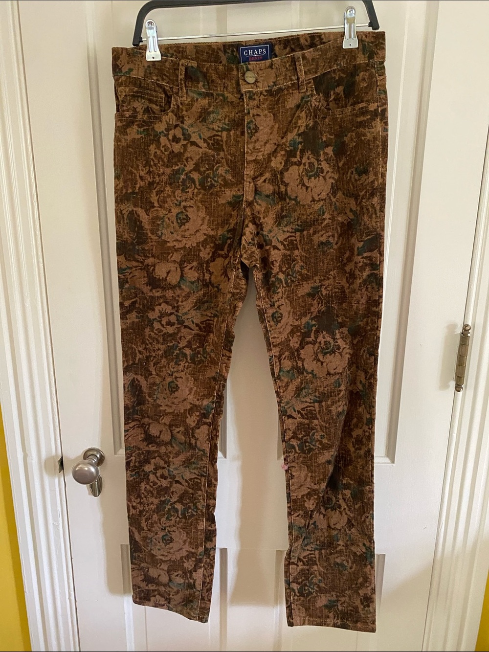 Chaps Brown Floral Corduroy Pants with Green Details